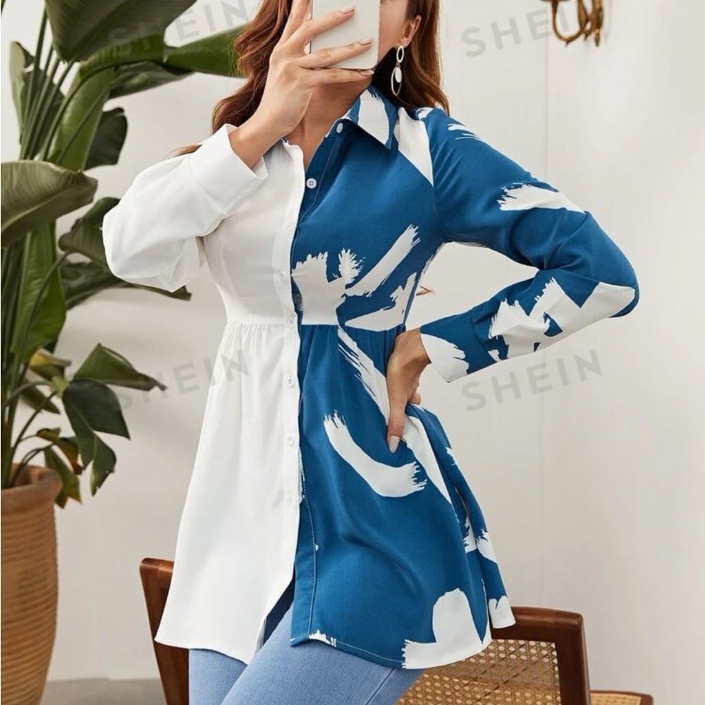 Brush print colour block ruffle hem shirt